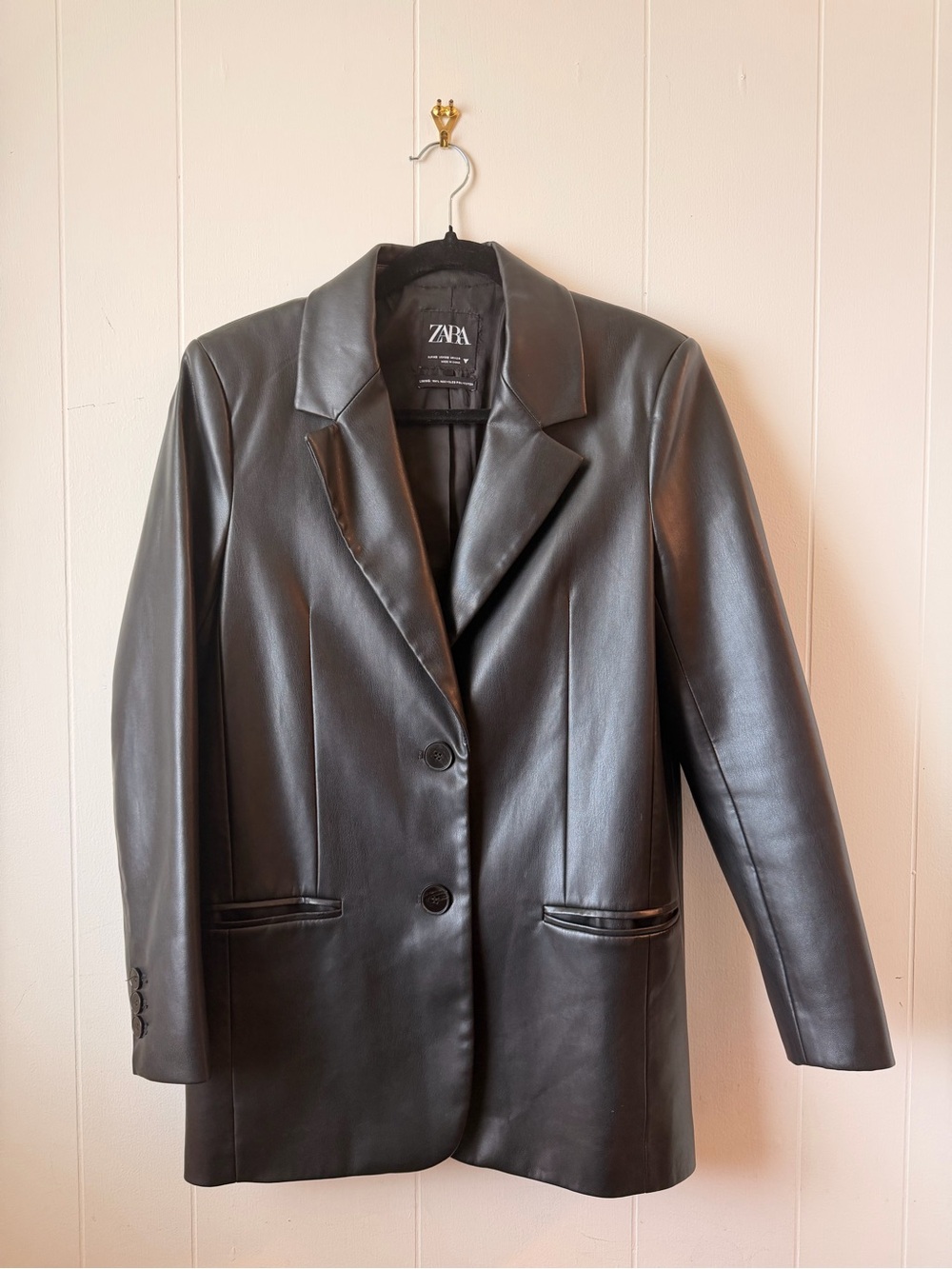 ZARA Black Faux Leather Blazer Jacket with Notch Lapels